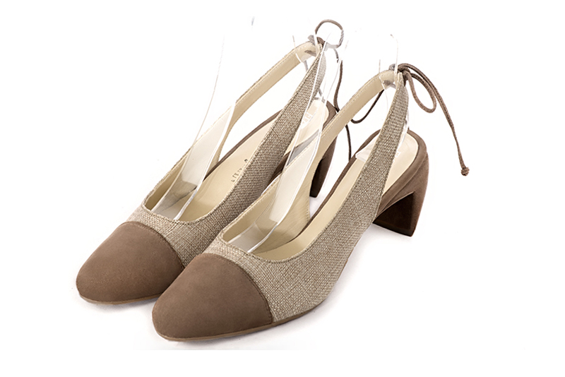 Women's chocolate brown and natural beige elegant slingback heels. Round toe. Medium comma heels - Front view